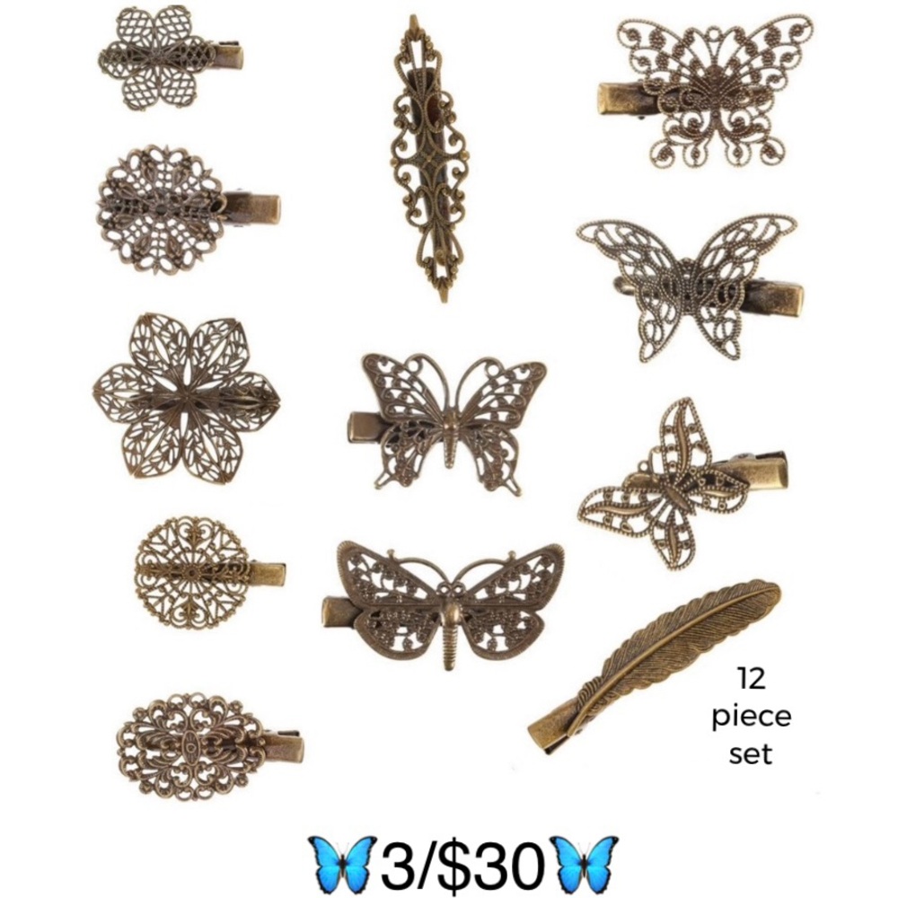 Hair Clips Butterfly Flower Feather Hair Barrettes 12 Piece Set Bronze Tone New